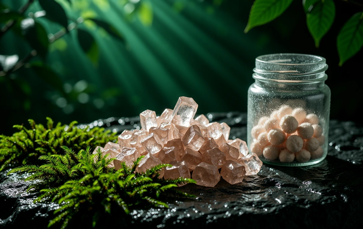 Raw minerals and moss represent the Murni source